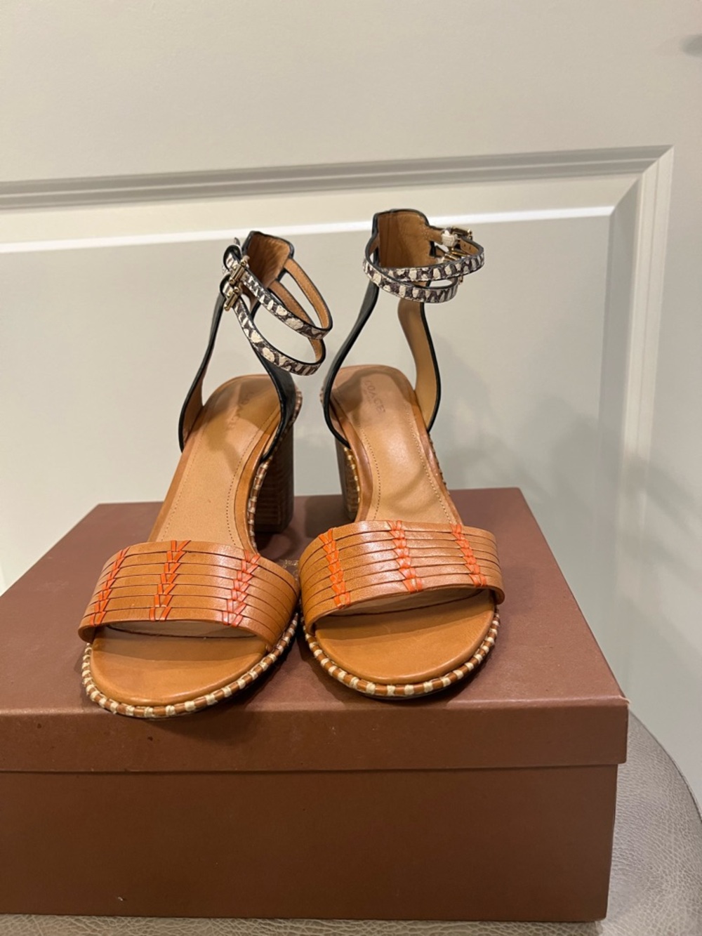 Coach Two-Tone Leather Ankle-Strap Heels in Black and Tan with Patterned Buckle - Picture 3 of 5